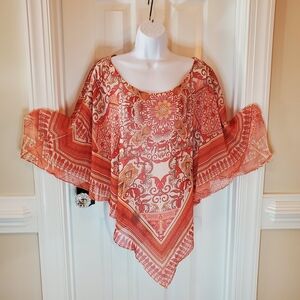 Boho Paisley Poncho Top Women's Orange Chiffon Sheer Asymmetrical Blouse Kaftan